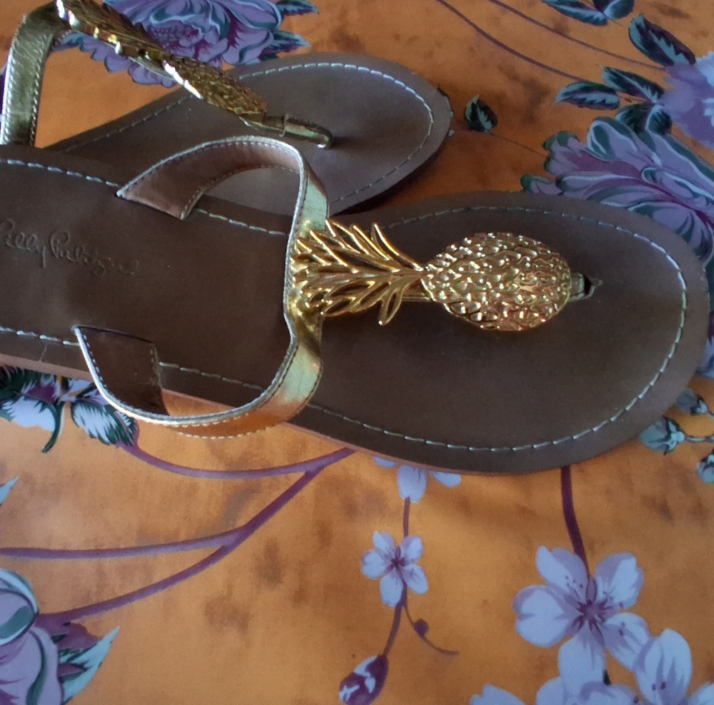 🔥Lilly Pulitzer for Target Gold Pineapple Sandals Flip Flop 9 EUC & Free Gift - Picture 5 of 10